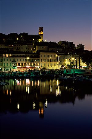 View across harbour to the old quarter of Le Suquet, at night, Cannes, Alpes-Maritimes, Cote d'Azur, French Riviera, France, Mediterranean, Europe Stock Photo - Rights-Managed, Code: 841-02708865