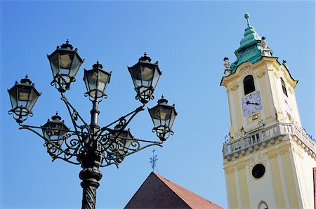 simsearch:841-03056844,k - Tower of Old Town Hall and wrought iron 19th century street lamp, Bratislava, Slovakia, Europe Stock Photo - Rights-Managed, Code: 841-02717027