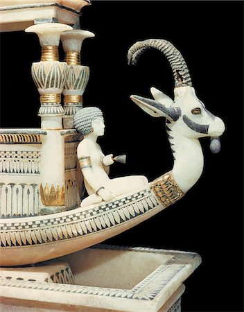 Prow of the alabaster boat showing the head of a Syrian ibex and a figure thought to be princess Mutnedjmet, from the tomb of the pharaoh Tutankhamun, discovered in the Valley of the Kings, Thebes, Egypt, North Africa, Africa Stock Photo - Rights-Managed, Code: 841-02717818