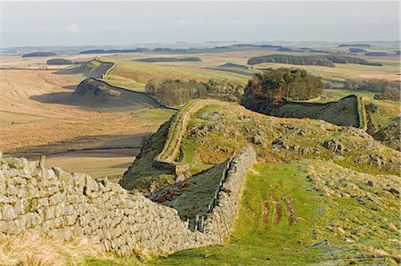 Looking east from Holbank Crags showing course of the Roman wall past Housesteads Wood to Sewingshields Crag, Hadrian's Wall, UNESCO World Heritage Site, Northumbria (Northumberland), England, United Kingdom, Europe Foto de stock - Con derechos protegidos, Código: 841-02717948