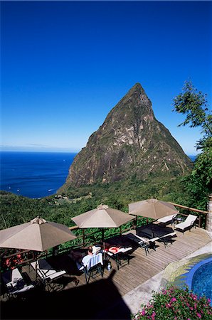 simsearch:841-02824571,k - The pool area at the Ladera resort overlooking the Pitons, St. Lucia, Windward Islands, West Indies, Caribbean, Central America Stock Photo - Rights-Managed, Code: 841-02718386