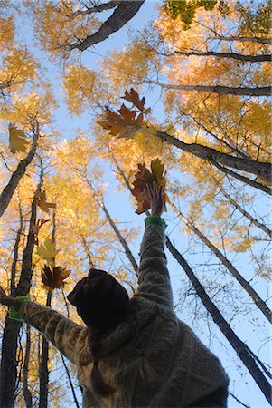 reaching for leaves - Girl throws leaves in the air to celebrate autumn, Vashon Island, Washington State, United States of America, North America Stock Photo - Rights-Managed, Code: 841-02718554