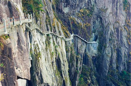 dangerous footpath in china - Footpath along rock face, White Cloud scenic area, Huang Shan (Yellow Mountain), UNESCO World Heritage Site, Anhui Province, China, Asia Stock Photo - Rights-Managed, Code: 841-02719282