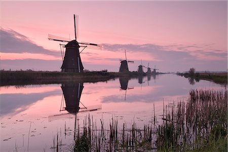 europe netherlands nature - Windmills at Kinderdijk at dawn, near Rotterdam, Holland, The Netherlands Stock Photo - Rights-Managed, Code: 841-02719833