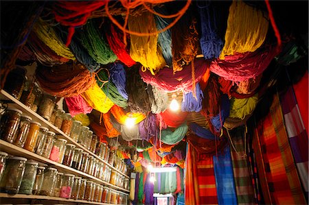 Brightly dyed wool hanging from roof of a shop, Marrakech, Morrocco, North Africa, Africa Stock Photo - Rights-Managed, Code: 841-02711400