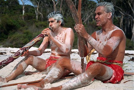 Two men with Aboriginal digeridoo and boomerang at Jervis Bay, Australia, Pacific Stock Photo - Rights-Managed, Code: 841-02711661