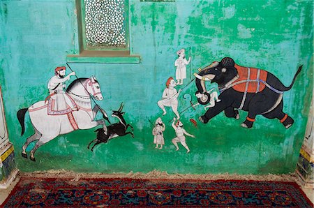 Beautiful frescoes on walls of the Juna Mahal Fort, Dungarpur, Rajasthan state, India, Asia Stock Photo - Rights-Managed, Code: 841-02712343