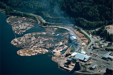 Aerial view of logs in the river beside a saw mill in British Columbia, Canada, North America Stock Photo - Rights-Managed, Code: 841-02824676