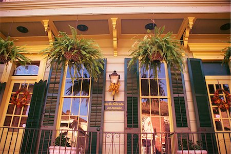 Ferns in hanging baskets and reflections in windows in New Orleans, Louisiana, United States of America, North America Foto de stock - Con derechos protegidos, Código: 841-02831597