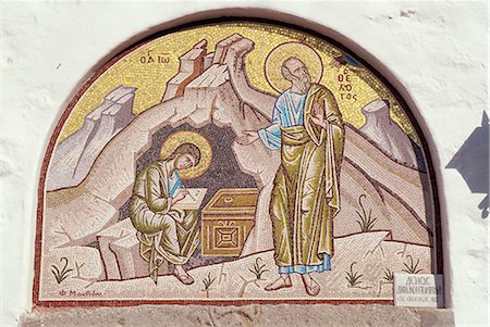 Mosaic of St. John dictating to pupil Prochorus, Cave of Apocalypse, Patmos, Dodecanese, Greek Islands, Greece, Europe Stock Photo - Rights-Managed, Code: 841-02831703