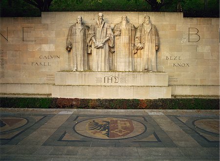 Statues of Calvin, Knox, Farel and Beze on Reformation Monument, Geneva, Switzerland, Europe Stock Photo - Rights-Managed, Code: 841-02832391