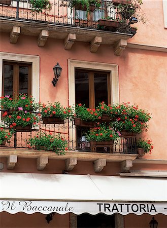 Flowers in window boxes on balconies, Taormina, Sicily, Italy, Europe Stock Photo - Rights-Managed, Code: 841-02899828