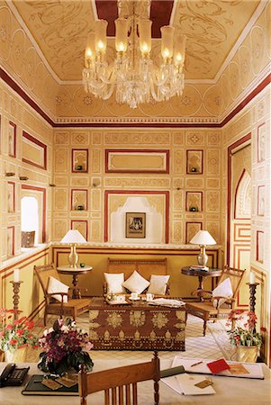 Reception area for arriving guests with reproduction colonial style furniture, painted walls and ceiling, Samode Palace Hotel, Samode, Rajasthan state, India, Asia Stock Photo - Rights-Managed, Code: 841-02900531