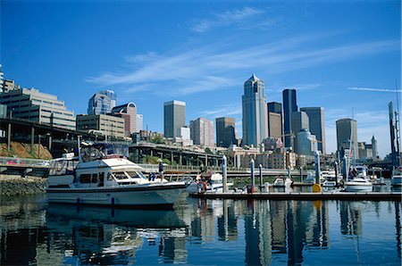 The harbour and city skyline, viewed from the waterfront, of Seattle, Washington State, United States of America, North America Stock Photo - Rights-Managed, Code: 841-02901650