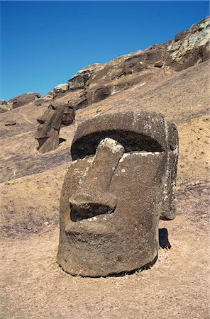 rano raraku - Nahaufnahme der Moai Köpfe noch innerhalb des Kraters, von wo sie abgebaut und geschnitzt am Rano Raraku auf der Osterinsel (Rapa Nui), UNESCO Weltkulturerbe, Chile, Pazifik, Südamerika Stockbilder - Lizenzpflichtiges, Bildnummer: 841-02901660