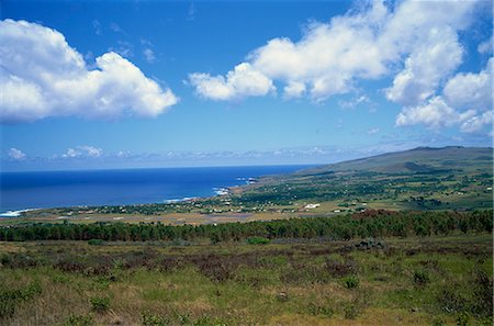 Overlooking Hanga Roa town, airport and west coast, Easter Island, Chile, South America Fotografie stock - Rights-Managed, Codice: 841-02901673