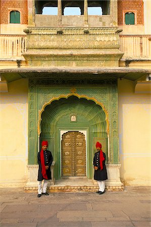 Palace guards in turbans at gateway, the ornate peacock, City Palace, Jaipur, Rajasthan state, India, Asia Stock Photo - Rights-Managed, Code: 841-02903049