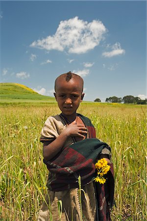 Girl holding yellow Meskel flowers in a fertile green wheat field after the rains, The Ethiopian Highlands, Ethiopia, Africa Stock Photo - Rights-Managed, Code: 841-02903076