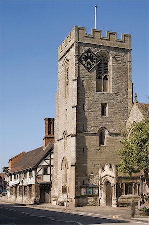Medieval Tudor guildhall and church of St. John the Baptist, High Street, Henley in Arden, Warwickshire, Midlands, England, United Kingdom, Europe Stock Photo - Rights-Managed, Code: 841-02915313