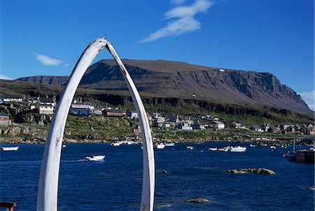 disko island - Whale bone arch on village harbour, Qeqertarsuaq (Godhavn), Disko Island, west coast, Greenland, Polar Regions Stock Photo - Rights-Managed, Code: 841-02915675