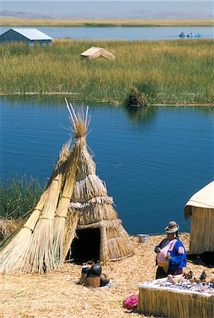 south american country peru - Uros (Urus) village on floating island, Islas Flotantas, reed islands, Lake Titicaca, Peru, South America Stock Photo - Rights-Managed, Code: 841-02915796