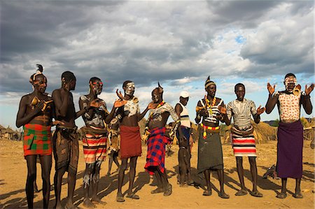 Karo people with body painting, made from mixing animal pigments with clay, dancing, Kolcho village, Lower Omo valley, Ethiopia, Africa Stock Photo - Rights-Managed, Code: 841-02916974