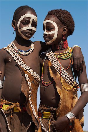 Two Hamer (Hamar) girls wearing traditional goat skin dress decorated with cowie shells, Dombo Village, Turmi, Lower Omo Valley, Ethiopia, Africa Stock Photo - Rights-Managed, Code: 841-02917030