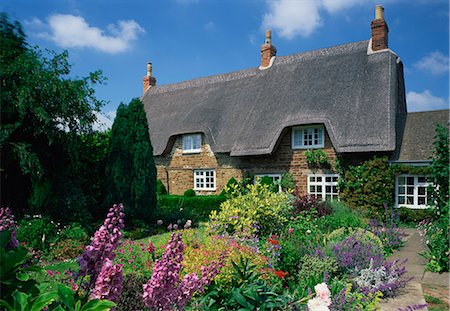 Thatched cottages with gardens full of summer flowers in Hampshire, England, United Kingdom, Europe Foto de stock - Direito Controlado, Número: 841-02918394