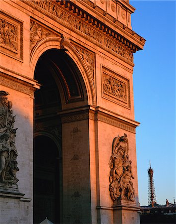 place charles de gaulle - The Arc de Triomphe at dusk, with the Eiffel Tower behind, Paris, France, Europe Stock Photo - Rights-Managed, Code: 841-02918404