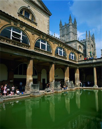 Visitors in the Roman Baths, with the Abbey beyond in Bath, UNESCO World Heritage Site, Avon, England, United Kingdom, Europe Stock Photo - Rights-Managed, Code: 841-02918449