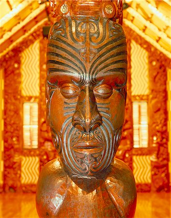 Statue maori avec tatouage facial « Moko », Nouvelle Zélande, Pacifique Photographie de stock - Rights-Managed, Code: 841-02920153