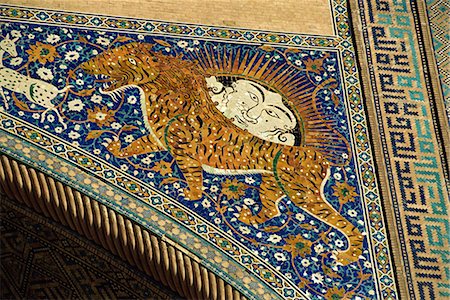 samarkand - Lion decoration on portal of the 17th century Sher Dor Madressa, Registan Square, Samarkand, Uzbekistan, Central Asia, Asia Stock Photo - Rights-Managed, Code: 841-02920309