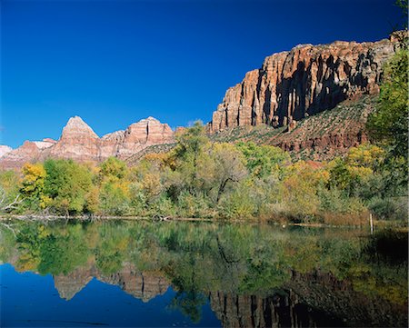simsearch:841-02920373,k - Reflections of trees in fall colours and cliffs of Zion, in a lake, near the Zion National Park, Springdale, Utah, United States of America, North America Stock Photo - Rights-Managed, Code: 841-02920370