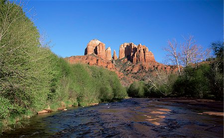 Cathedral Rock towering above Oak Creek, in evening light, Sedona, Arizona, United States of America (U.S.A.), North America Stock Photo - Rights-Managed, Code: 841-02920726