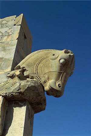 Detail, carving of horse on gateway to Hall of One Hundred columns, Persepolis, UNESCO World Heritage Site, Iran, Middle East Stock Photo - Rights-Managed, Code: 841-02921069