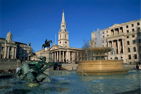 Water fountains, statues and architecture of Trafalgar Square, including St. Martin in the Fields, London, England, United Kingdom, Europe Stock Photo - Rights-Managed, Code: 841-02944016