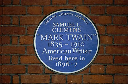 Blue plaque commemorating Mark Twain, London, England, United Kingdom, Europe Foto de stock - Con derechos protegidos, Código: 841-02944806