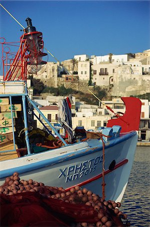 Boat and village, Naxos, Cyclades, Greek Islands, Greece, Europe Stock Photo - Rights-Managed, Code: 841-02945653