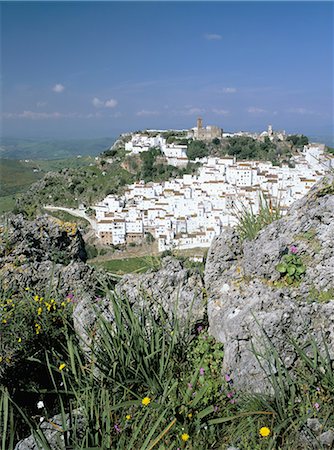 simsearch:841-03033342,k - Wild flowers and white village with Moorish castle, perched on mountainside, Casares, Malaga, Costa del Sol, Andalucia (Andalusia), Spain, Europe Foto de stock - Con derechos protegidos, Código: 841-02946210