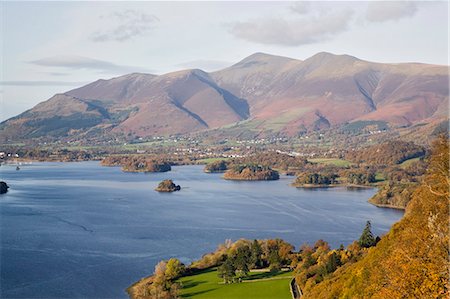 View across Derwent Water to Keswick and Skiddaw from Watendlath road in autumn, Borrowdale, Lake District National Park, Cumbria, England, United Kingdom, Europe Stock Photo - Rights-Managed, Code: 841-02946249