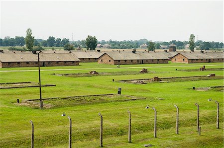 Wooden sheds, formerly stables for horses, that each held 500 prisoners, many now demolished, but chimneys still stand in the background, Auschwitz second concentration camp at Birkenau, UNESCO World Heritage Site, near Krakow (Cracow), Poland, Europe Stock Photo - Rights-Managed, Code: 841-02992891