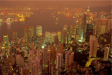 Aerial view of Hong Kong Harbour at dusk, China Stock Photo - Rights-Managed, Code: 841-03028693