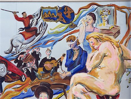 Mural of a nude woman, blindfolded man and musicians painted on the Berlin Wall in Berlin, Germany, Europe Stock Photo - Rights-Managed, Code: 841-03028822