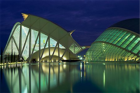 City of Arts and Sciences at dusk, Museum and Hemisferic reflected in water, Valencia, Spain, Europe Stock Photo - Rights-Managed, Code: 841-03029763