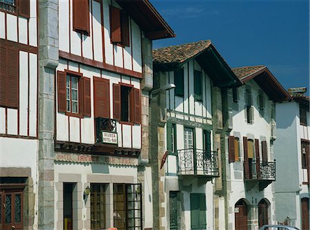 simsearch:841-03030546,k - A row of traditional buildings including a small hotel in the village of Ainhoa in the Pyrenees in Aquitaine, France, Europe Stock Photo - Rights-Managed, Code: 841-03030152