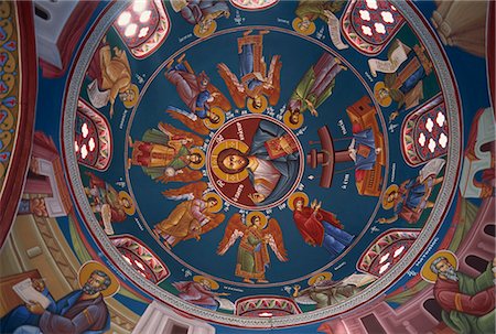 Paintings of Christian figures including Christ, in vibrant colours on the ceiling of the dome in the interior of St. Georges Church in Paphos, west of the island, Cyprus, Mediterranean, Europe Stock Photo - Rights-Managed, Code: 841-03030581