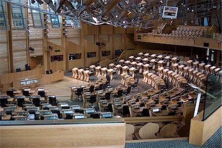 Chamber, New Scottish Parliament building, architect Enric Miralles, Holyrood, Edinburgh, Scotland, United Kingdom, Europe Stock Photo - Rights-Managed, Code: 841-03031189