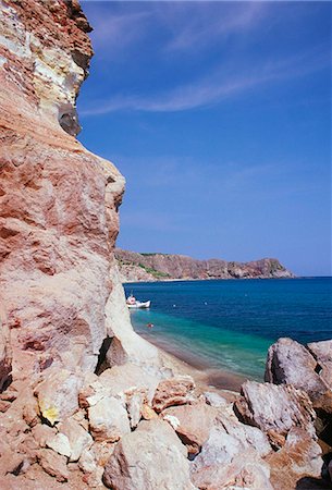 Volcanic rocks and beach at Paleokori, southern coast, Milos, Cyclades islands, Greece, Mediterranean, Europe Stock Photo - Rights-Managed, Code: 841-03033548