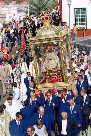 santa cruz de la palma - The Descent of Our Lady of Snows shrine carried through the streets during religious festival, Santa Cruz de la Palma, La Palma, Canary Islands, Spain, Atlantic, Europe Stock Photo - Rights-Managed, Code: 841-03033792