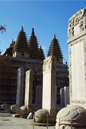 A five towered temple and Ancestral tombs inscribed with dead persons contributions life and honours at Zhen Jue temple, Beijing, China, Asia Stock Photo - Rights-Managed, Code: 841-03055760